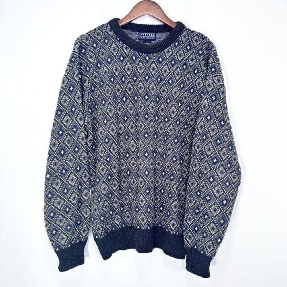 Jantzen Classics Eclectic Grandpa Sweater Geometric Abstract Print Navy Cream‎ L